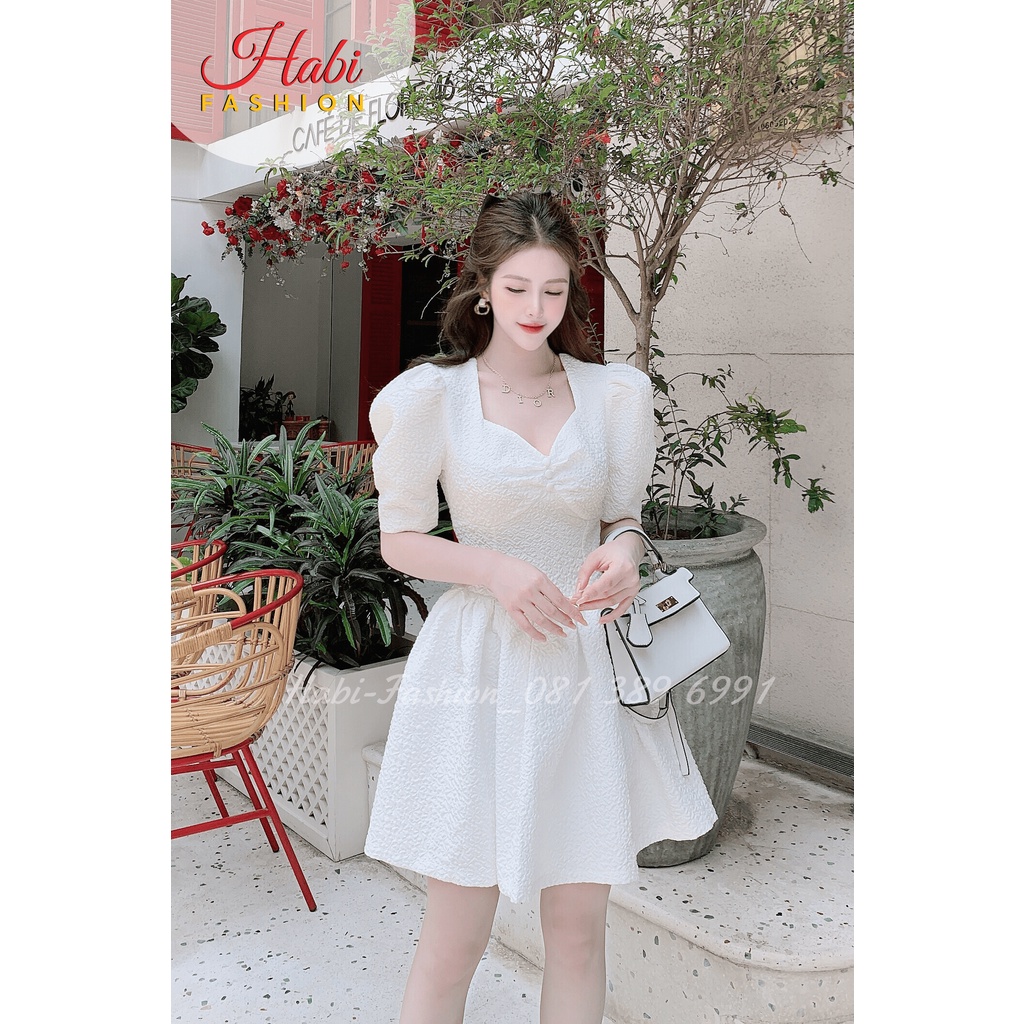 Đầm váy nữa cổ xinh tay ngắn bồng xinh tôn eo dáng xòe sang chảnh gợi cảm, xinh xỉu cho nàng dự tiệc