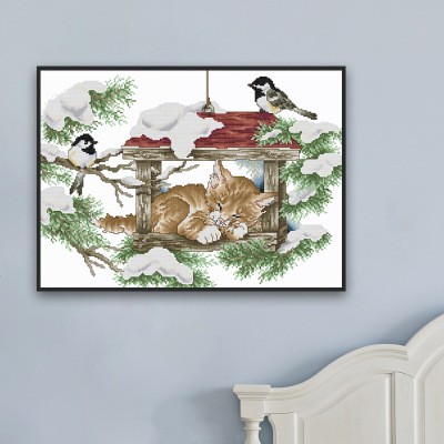 Tranh thêu chữ thập Mèo và chim sâu Deep sleep cat and birds D814 (tranh chưa thêu)