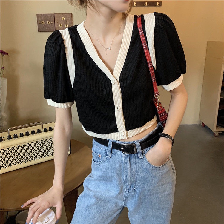 Áo cardigan dệt kim tay ngắn cổ chữ V phối màu tương phản phong cách Hàn Quốc thời trang mùa hè 2020 mới cho nữ | BigBuy360 - bigbuy360.vn