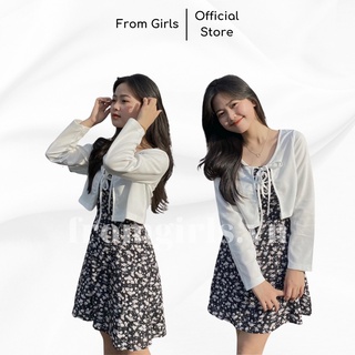 Set váy hai dây hoa nhí và áo cardigan dáng lửng dài tay trắng - SET23