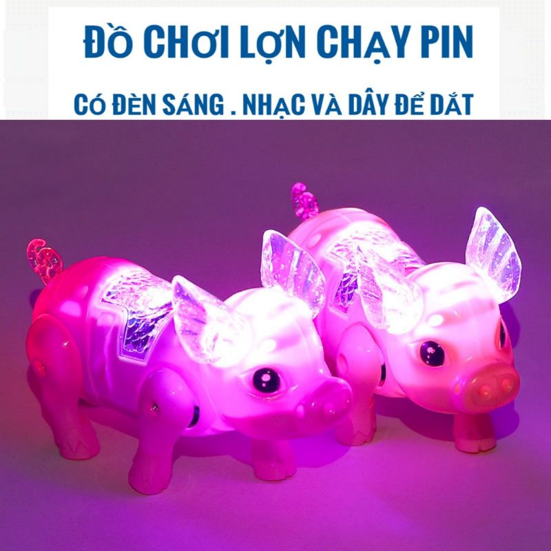 Đồ chơi Lợn chạy pin có nhạc , đèn phát sáng tặng kèm dây để bé dắt
