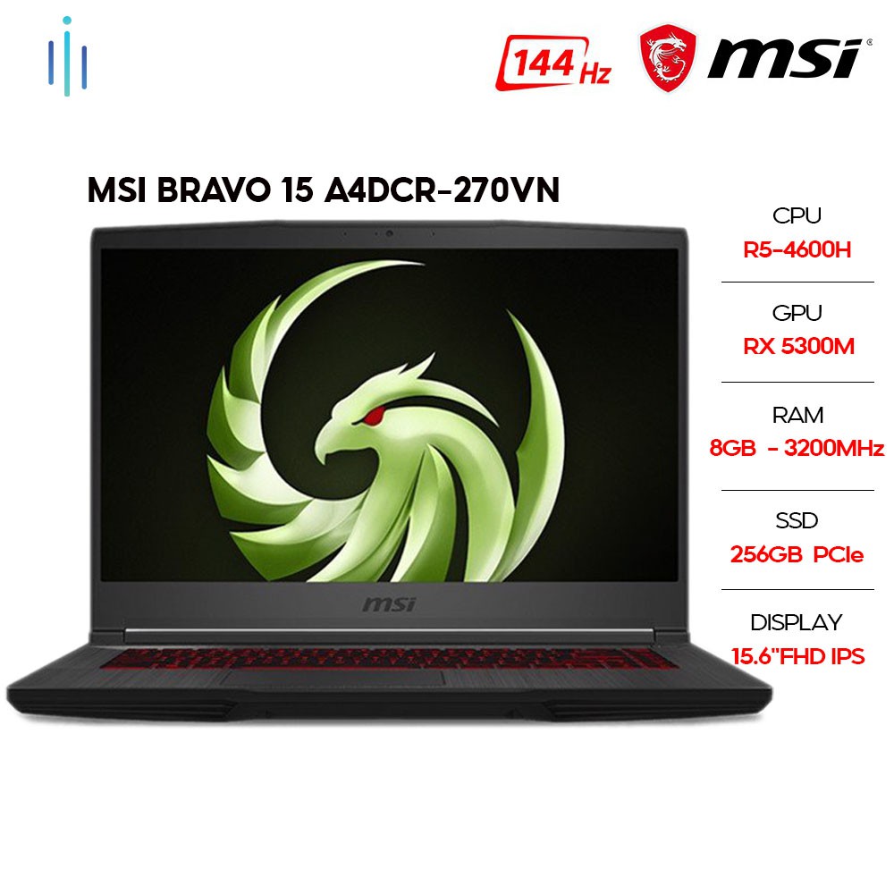 Laptop MSI Bravo 15 A4DCR-270VN  R5-4600H | 8GB | 256GB | VGA RX 5300M 3GB | 15.6' FHD 144Hz | Win 10