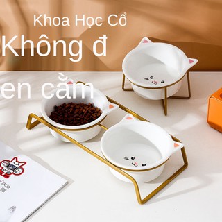 Cat Bát, bát đôi, gốm sứ có kệ, đựng cơm cho mèo, thức ăn mèo chống lật, nước, nhỏ chó đồ dùng thú cưng
