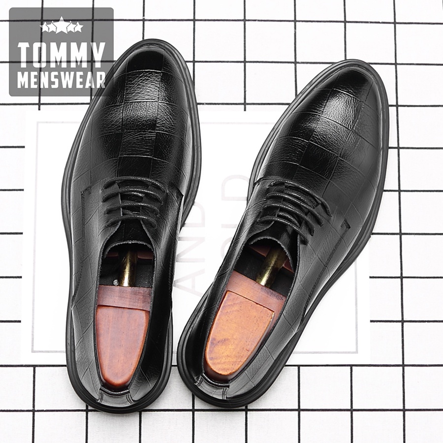 Giày Nam Đen Công Sở Cao Cấp Phong Cách TOMMY Giày Derby Nam Da Bò Thật Hàn Quốc Vân Caro GD90