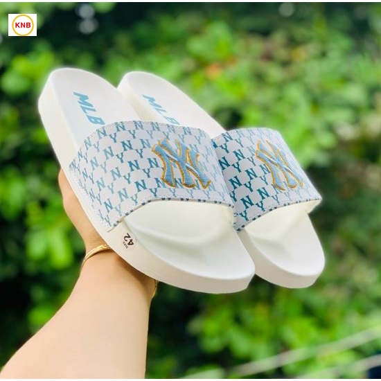 Dép 𝐌𝐋𝐁 UNISEX mẫu dép thể thao ❤️ Freeship + Hộp ❤️ Dép NY bóng chày quai ngang nam nữ chữ thêu nỗi kèm mác trắng xanh