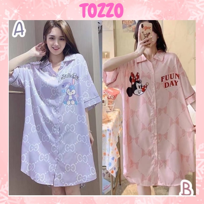 Váy ngủ bigsize nữ kiểu sơ mi pijama TOZZO in hoạt hình cute dễ thương  mặc nhà mùa hè VSM01