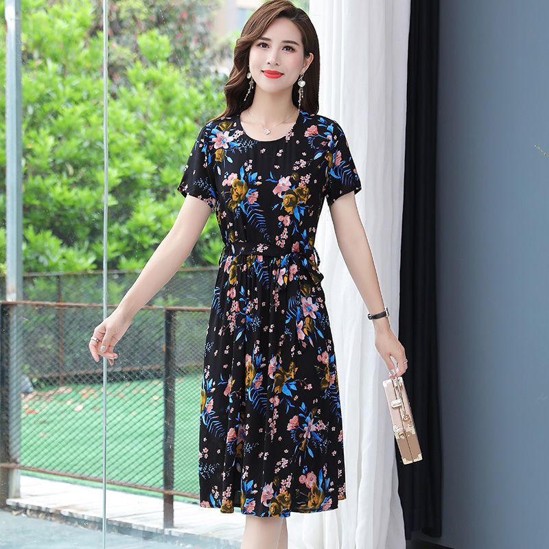 Summer Mom Clothes2021New Middle-Aged and Elderly Cotton Silk Artificial Cotton Cotton Mid-Length Skirt Four Or Five Ten-Year-Old Dress