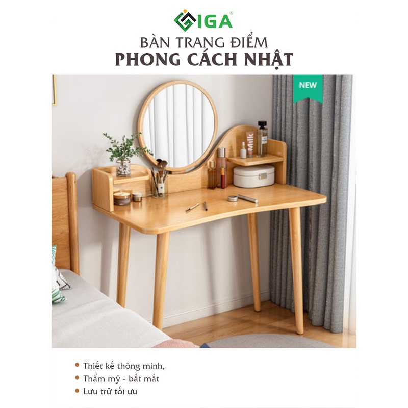 Bàn trang điềm phòng ngủ bàn trang điểm gương tròn chân gỗ sồi - GP196