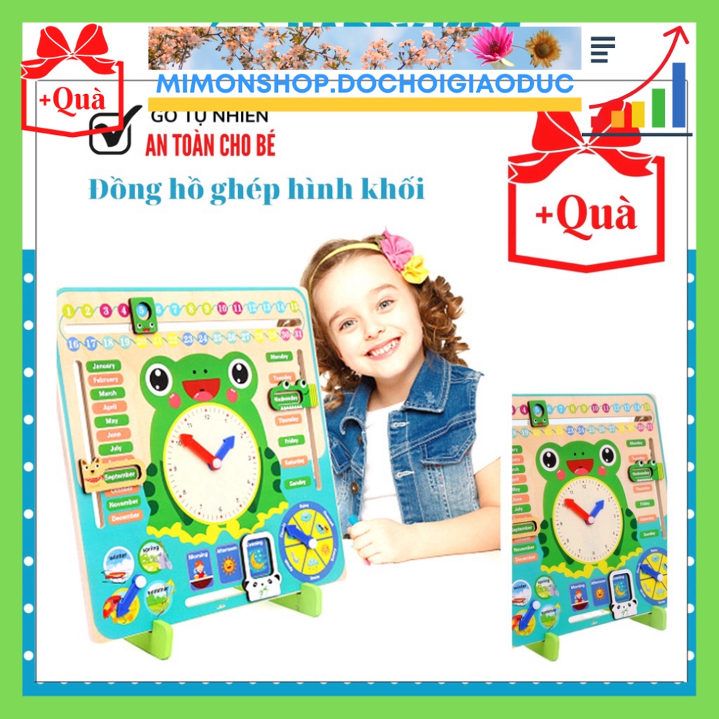 Đồng hồ gỗ con ếch xanh lịch đa năng 7 trong 1 học Tiếng Anh cho trẻ đồ chơi an toàn cho bé MIMON247 MIMON