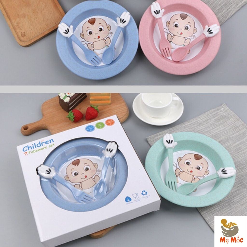 Bộ Đĩa Ăn Dặm Kèm Thìa Dĩa Lúa Mạch Children Cao Cấp Cho Bé, Mẹ Mốc Shop