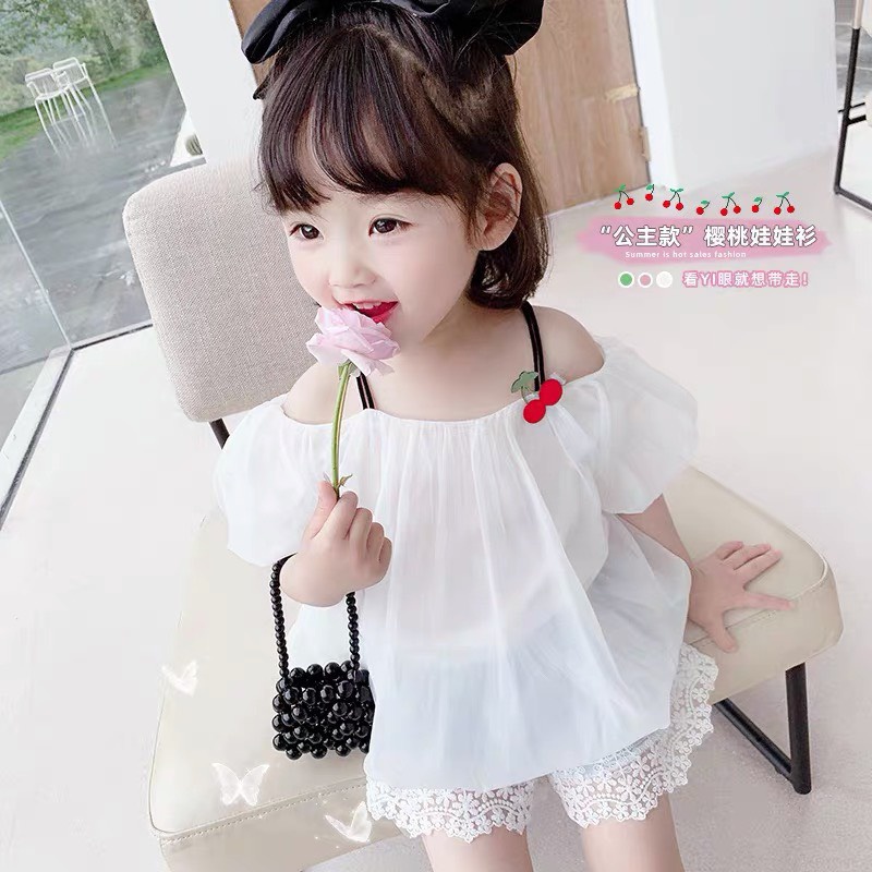 Bộ hè bé gái, set bộ áo voan trễ vai gắn sticker quả cherry kèm quần short jean cho bé