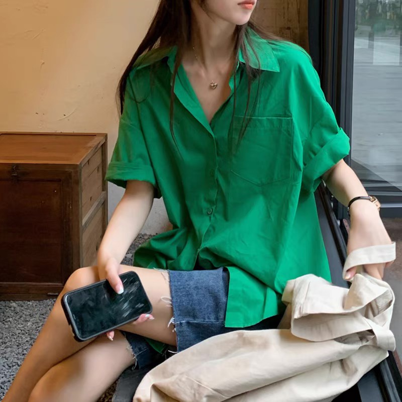 Áo Sơ Mi Nữ Labobo Áo Sơ Mi Nữ Kiểu Dáng Oversize Form Rộng Tay ngắn Vintage Đẹp Kiểu Hàn Quốc xanh