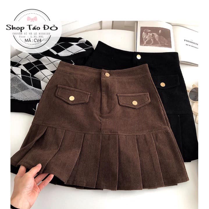 (TÁO ĐỎ BIGSIZE 55-90KG) Chân Váy Chất Nhung Tăm Xếp Ly Xoè Nắp Túi Siêu Xinh CV4 ( ảnh thật shop chụp 100%) 💕💕💕