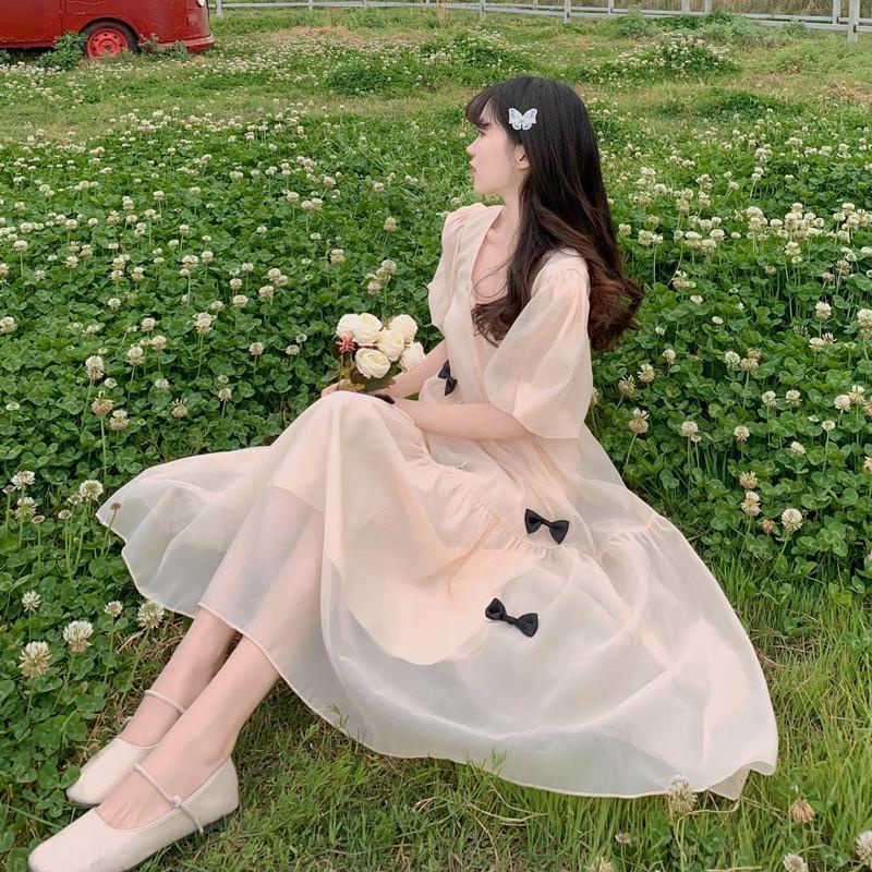 Đầm Tay Phồng Màu Sắc Đơn Giản Cho Nữ