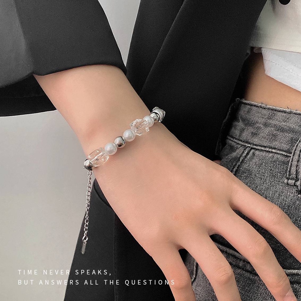 Vòng Tay Thủy Tinh Đính Ngọc Trai Đơn Giản Thời Trang Hàn Quốc Cho Nữ