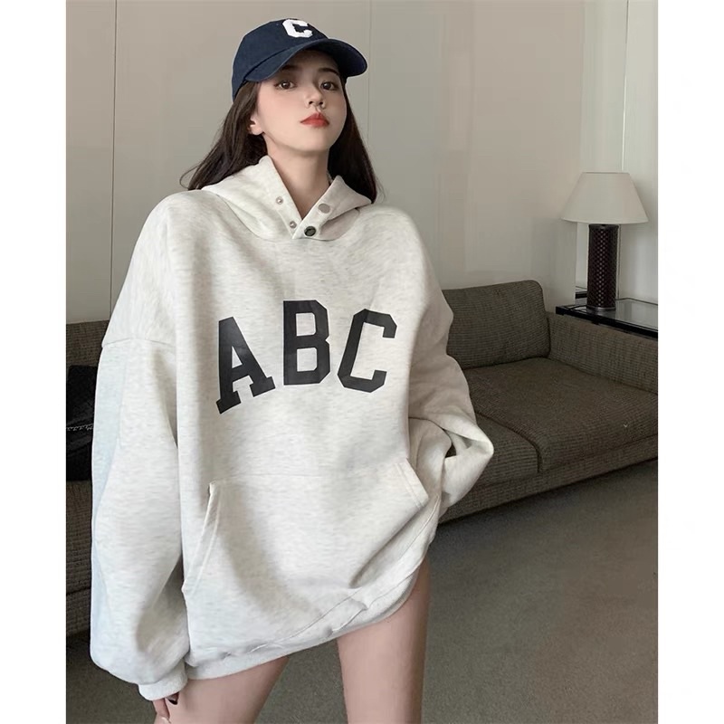 Áo Hoodie nỉ bông ABC kiểu dáng oversize hai màu siêu hot nâu và trắng xám cho nam và nữ mũ siêu rộng