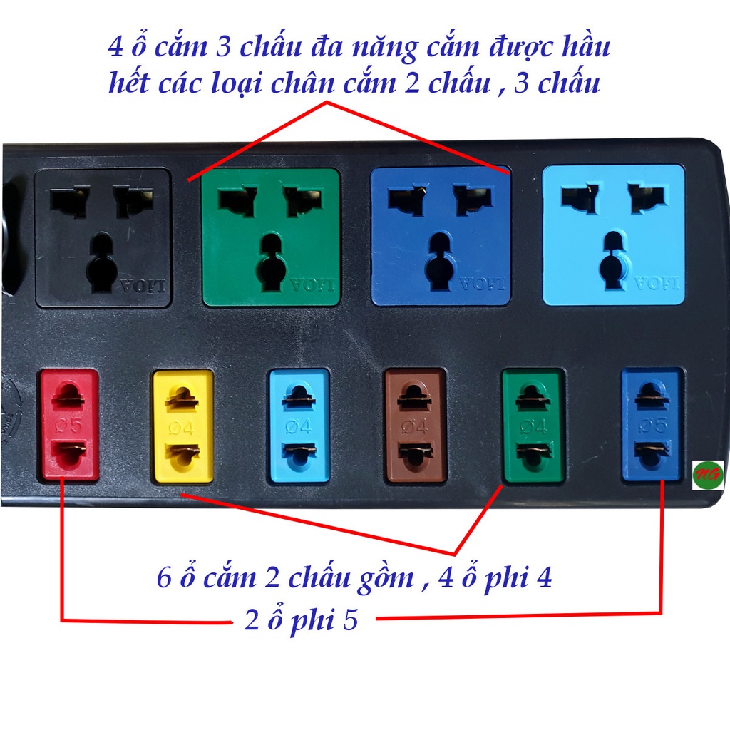 Ổ cắm điện LIOA 10 ổ cắm dây 3 mét 4D6S32 (Đen)