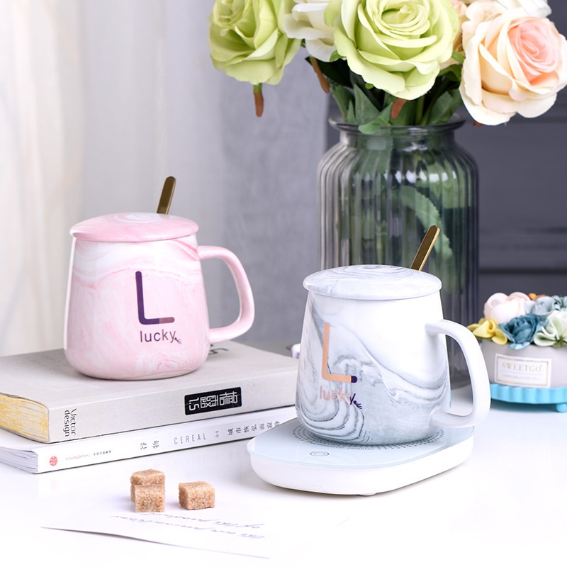 Cốc Hâm Nóng đồ uống kèm đế điện, Bộ Cốc sứ kèm đế điện hâm nóng trà, cafe, hâm sữa + Tặng kèm thìa vàng, hộp sang trọng
