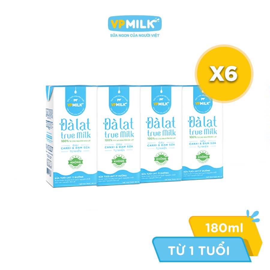 Combo 6 lốc sữa tươi UHT Đà Lạt True Milk VPMilk ít đường hộp 180ml (lốc 4 hộp x 6)
