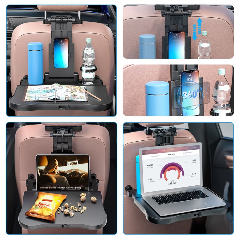 Khay Đựng Thức Ăn / Nước Uống Để Lưng Ghế Xe Hơi Kèm Giá Đỡ Điện Thoại Tiện Dụng
