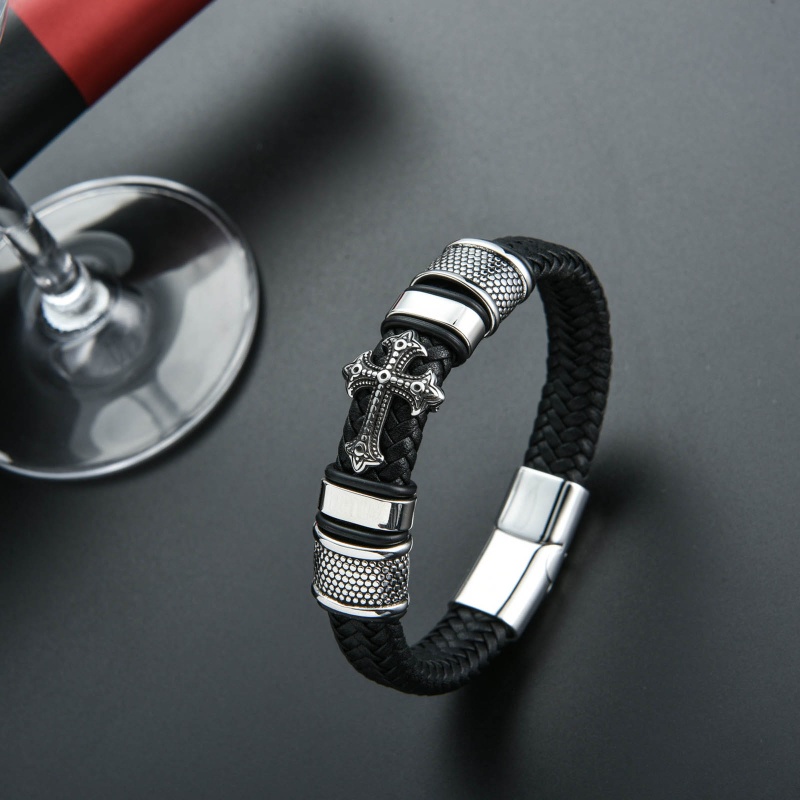 Vòng Tay Da Bện Phối Thép Titan Phối Khóa Cài Hình Thánh Giá Cho Nam