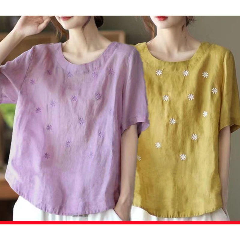 Áo Thun Tay Ngắn Chất Liệu 100% Cotton Lanh Thêu Họa Tiết Xinh Xắn Thời Trang Mùa Hè 2022 Cho Nữ