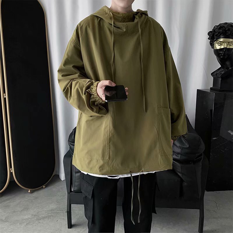 European and American fashion men's long-sleeve long-sleeved jacket with wide hood 2 large pockets