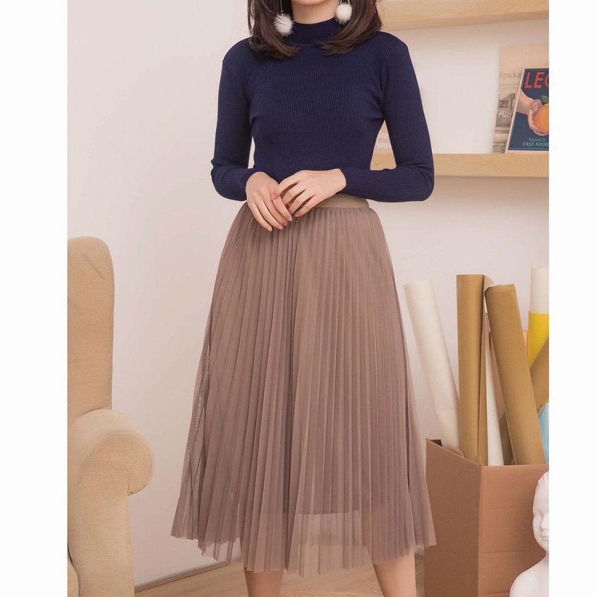 Chân váy lưới xếp ly dáng dài LYNS chất liệu voan lưng cao dài qua gối (Hàng thiết kế). | BigBuy360 - bigbuy360.vn