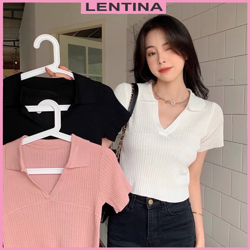 Áo polo croptop dệt kim nữ - Áo thun nữ len tăm tay ngắn kiểu cổ V phong cách Hàn Quốc