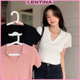 Áo polo croptop dệt kim nữ - Áo thun nữ len tăm tay ngắn kiểu cổ V phong cách Hàn Quốc