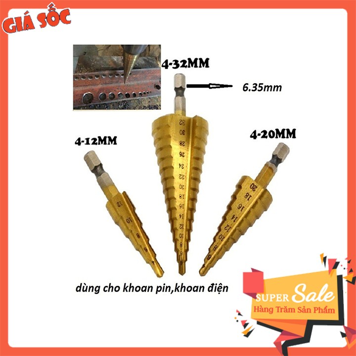 Mũi khoan bước tháp phủ Titan 4-20mm gồm 9 bước từ 4 đến 20mm