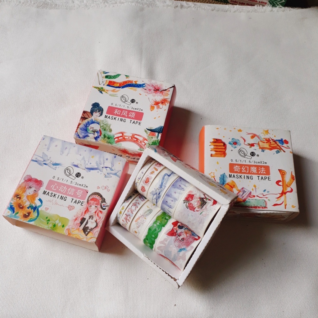 Set 10 cuộn washi tape, băng keo giấy hoa văn dễ thương