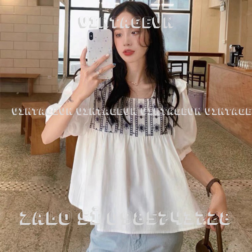 áo babydoll tiểu thư thêu hoạ tiết kaca NH000101 vintagevn