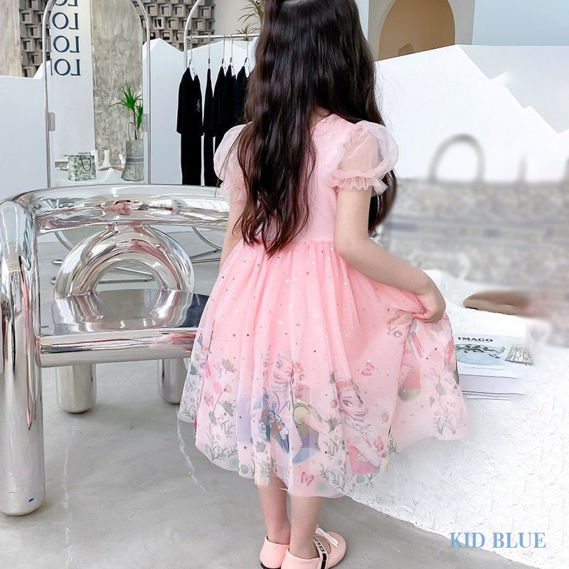 Đầm Lưới Tay Ngắn In Họa Tiết Hoạt Hình Phong Cách Hàn Quốc Thời Trang Xuân Hè Xinh Xắn Cho Bé Gái
