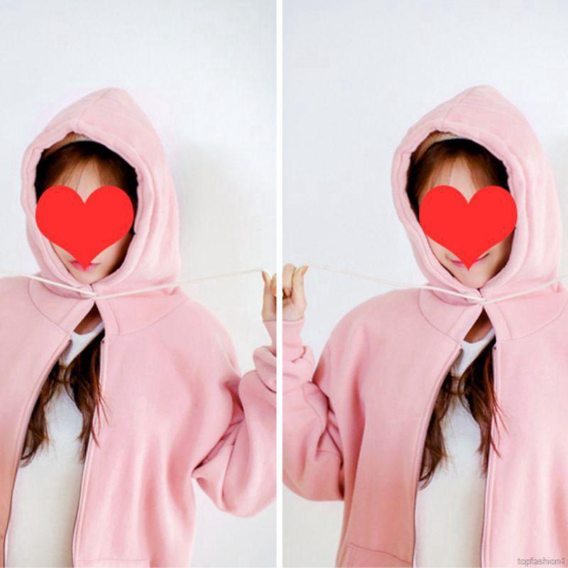 Áo khoác hoodie nhung dáng rộng màu trơn phối khoá kéo | BigBuy360 - bigbuy360.vn