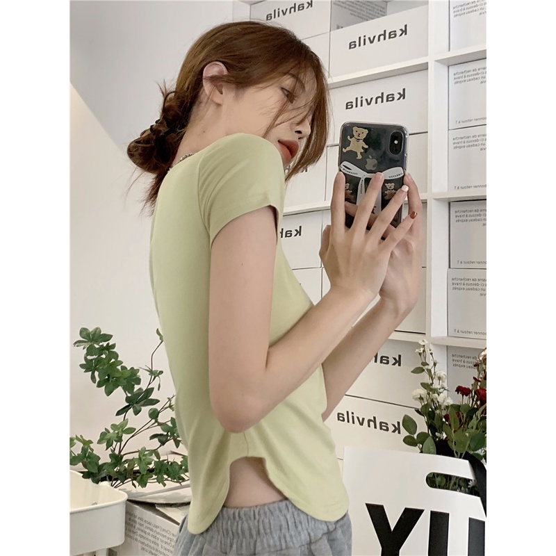 Áo Thun Tay Ngắn Cổ Chữ V Màu Trơn Dáng Ôm Phong Cách Hàn Quốc Thời Trang Mùa Hè Mới Dành Cho Bạn Nữ