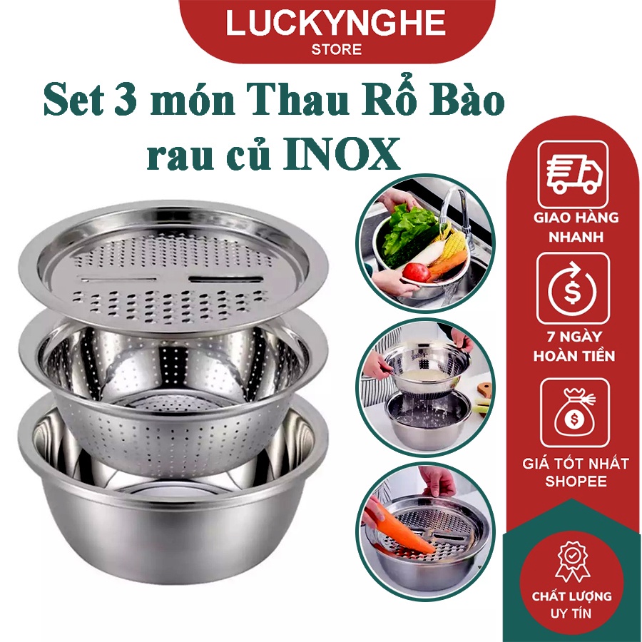 Bộ nạo rau củ 3 món bằng Inox kiêm chậu thoát nước đa năng 3 in 1 siêu tiện dụng siêu tiện dụng