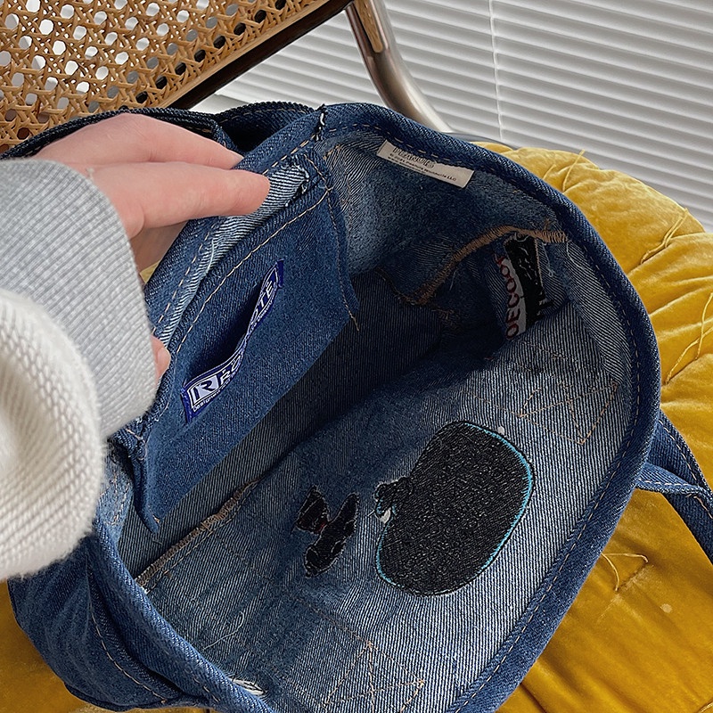 Túi Xách Vải Denim Thêu Hoạt Hình Snoopy Cỡ Nhỏ Đáng Yêu