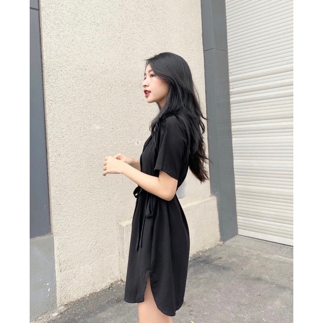 Đầm Đen form suông rộng có dây thắt cột điều chỉnh eo thon gọn thiết kế cổ chữ V