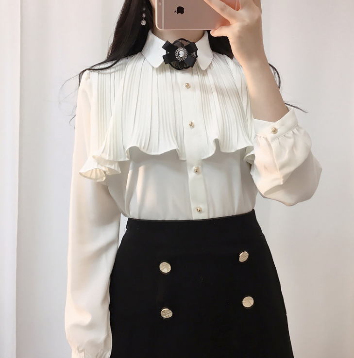 Spring new long sleeve shirt girl's top versatile fashion temperament base shirt bow chiffon shirt