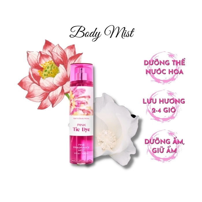 Bộ sản phẩm Tắm Dưỡng Xịt thơm toàn thân Bath and Body Works - PINK TIE DYE