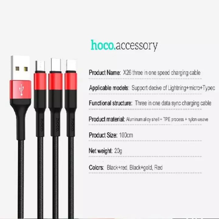 Cáp Sạc 3 Đầu Hoco X26 Cho Iphone/ Micro USB/ Type C - Dây Sạc Đa Năng Dây Dù Chống Đứt Dài 1M - Bảo Hành Chính Hãng 12T