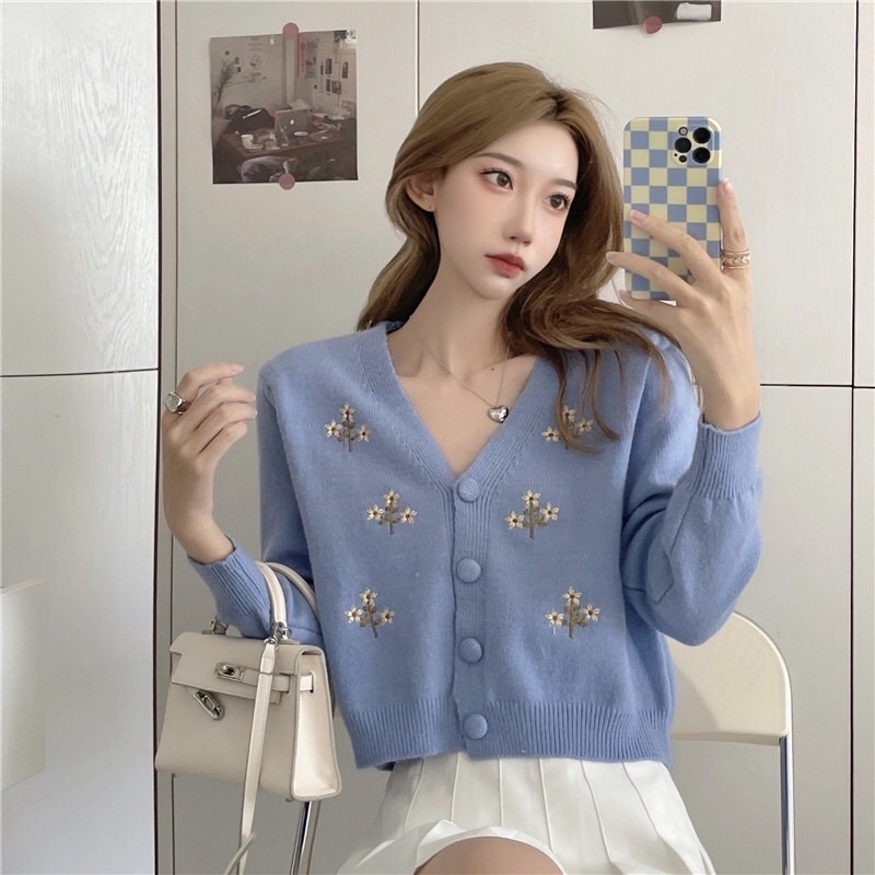 Cardigan dáng ngắn thêu hoa