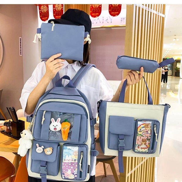 Balo set 4 Món Nam Nữ Basic ComBo 4 Món Hàn Quốc Dễ Thương, Balo Nữ Đi Học Thời Trang Nhiều Ngăn