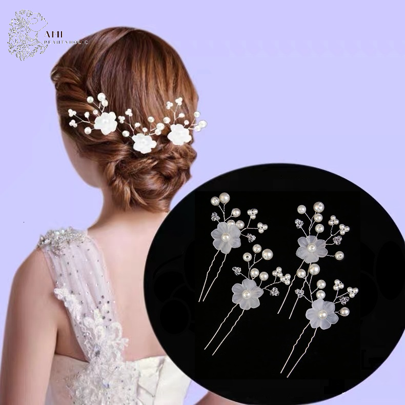 N04_Hoa Cài Tóc Cô Dâu Hoa Mai Đính Đá và Hạt Trai, Trang Điểm Cô Dâu, Make Up Tiệc, Phụ Kiện Cưới và Trang Điểm