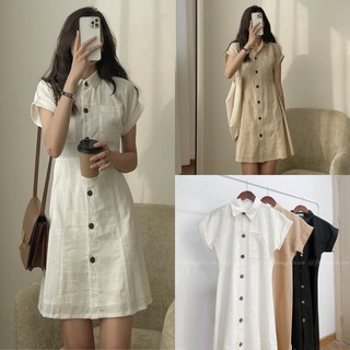 Váy đũi cổ đức, đầm cúc dọc túi ngực tay ngắn (có ảnh thật) - V42FG