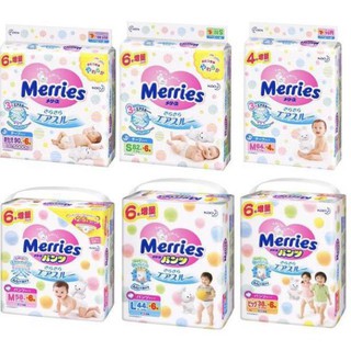 Bỉm merries nội địa dán/quần đủ size nb90+6, s82+6, m64+4, l54+4, m58+6, l44+6, xl38+6, xxl26+2