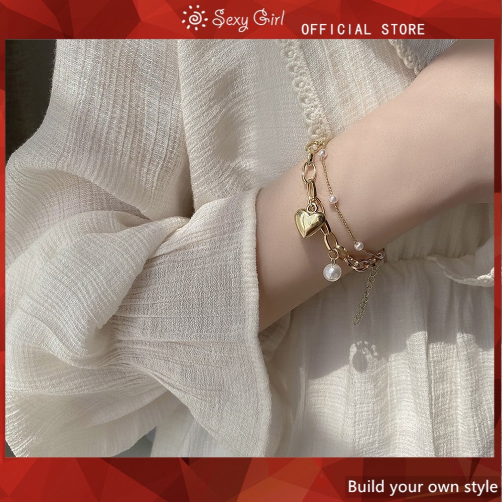 Vòng Tay Hai Lớp Hình Trái Tim Đính Ngọc Trai Phong Cách Hàn Quốc Quyến Rũ Cho Nữ