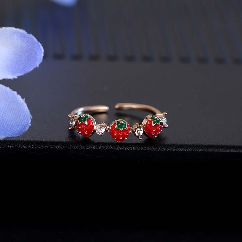 Cute Korean Red Strawberry Ring with Diamonds Fashion Accessory Ring