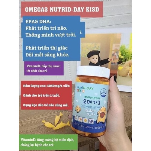 Dầu cá Omega 3 Nutri D- Day Omega 3 Baby & Kids dạng kẹo dẻo vị cam ngọt thơm dễ ăn dành cho trẻ trên 2 tuổi lọ 60 viên